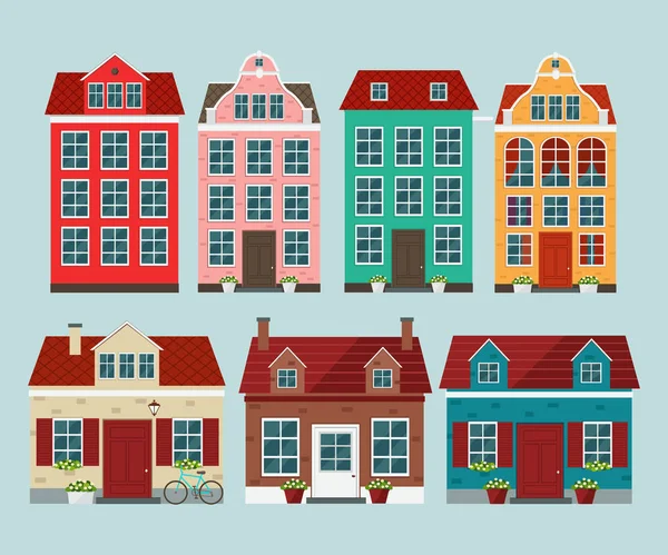 Conjunto de casas antiguas de colores europeos. Ciudad vieja europea . — Vector de stock