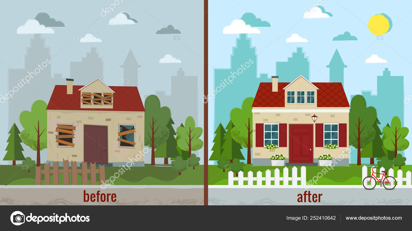 Before after house imágenes de stock de arte vectorial | Depositphotos