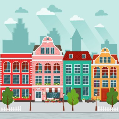 Avrupa kentinin vektör Illustration. Düz tasarım. Eski evler.