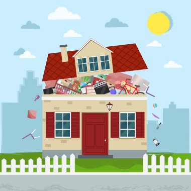 The concept of excessive consumerism. House bursting of stuff. Vector illustration. clipart