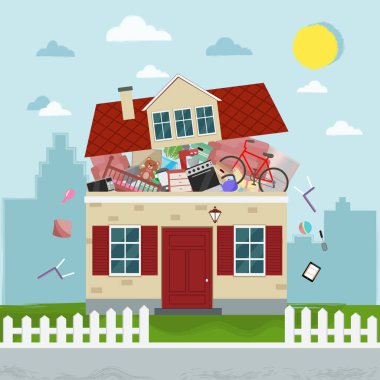 The concept of excessive consumerism. House bursting of stuff. Vector illustration. clipart