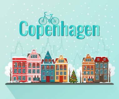 Kış Noel Kopenhag vektör Illustration. Eski Avrupa