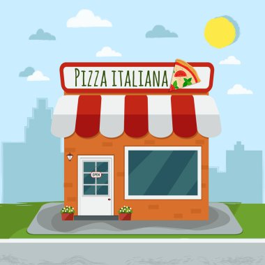 Çizgi film pizzacı. Pizza Italiana. Vektör çizim. Düz desi