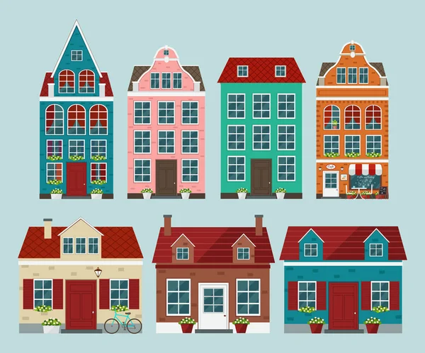 Conjunto de casas antiguas de colores europeos. Ciudad vieja europea . — Archivo Imágenes Vectoriales