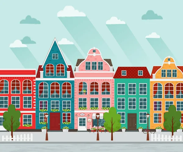 Ilustração vetorial da cidade europeia. Design plano. Casas antigas . —  Vetores de Stock