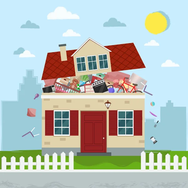 The concept of excessive consumerism. House bursting of stuff. Vector illustration. — Stock Vector