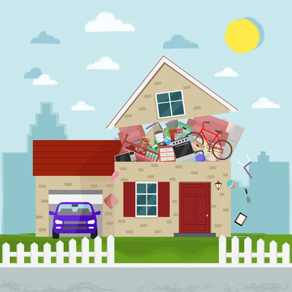 El concepto de consumismo excesivo. Una casa llena de cosas. Ilustración vectorial . — Vector de stock