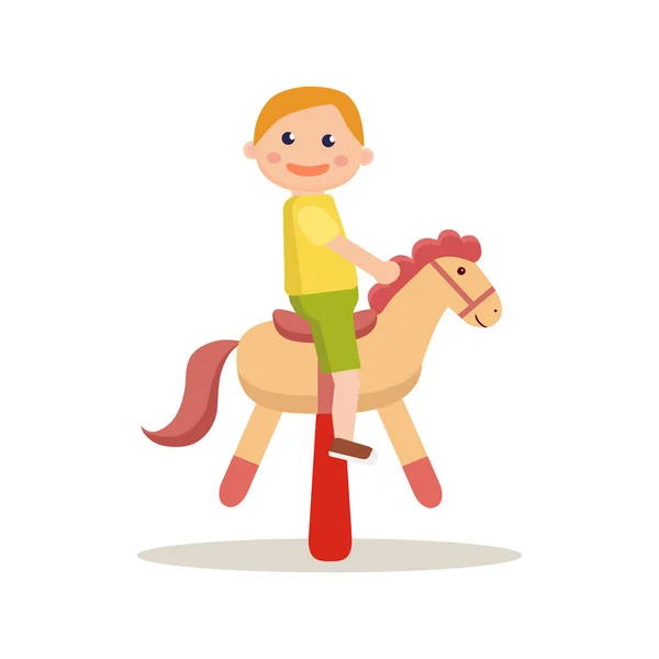 Lindo chico en un caballo mecedora vector ilustración . — Vector de stock