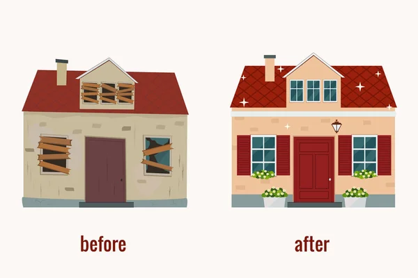 Rumah sebelum dan sesudah perbaikan vektor ilustrasi. Rancangan datar . - Stok Vektor