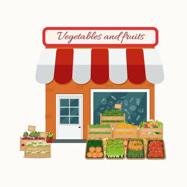Ilustración vectorial de la tienda de frutas y verduras. Diseño plano . — Archivo Imágenes Vectoriales