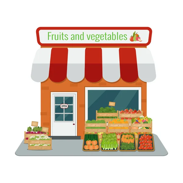 Εικονογράφηση διάνυσμα των φρούτων και λαχανικών κατάστημα. Επίπεδη σχεδίαση. — Διανυσματικό Αρχείο