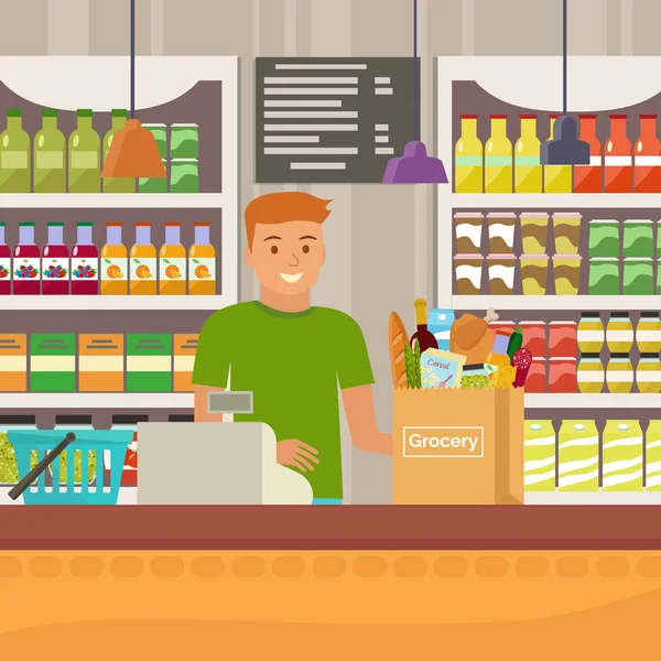 Vector illustration of cashier in grocery store. Flat design. — Stock Vector