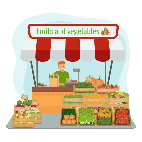 Τοπικό αγρόκτημα αγορά φρούτων και λαχανικών. Ευτυχισμένος αγρότης. — Διανυσματικό Αρχείο