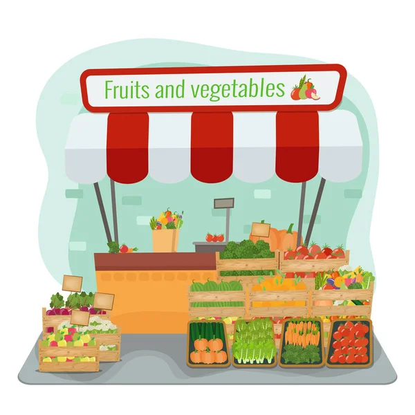Mercado local de frutas y verduras. ilustración plana vectorial — Vector de stock