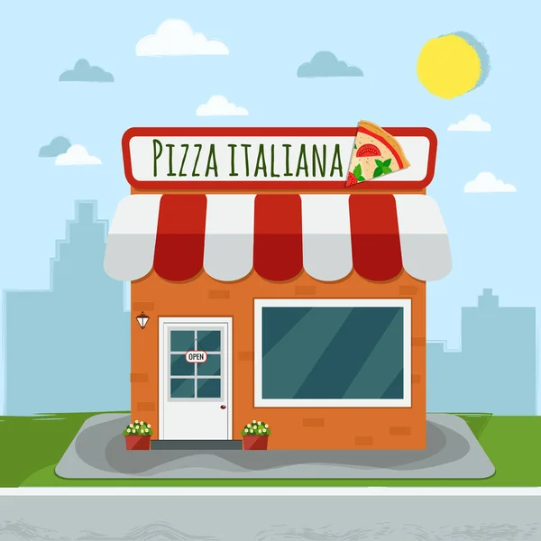 卡通比萨饼店。意大利披萨。向量例证。平德西 — 图库矢量图片