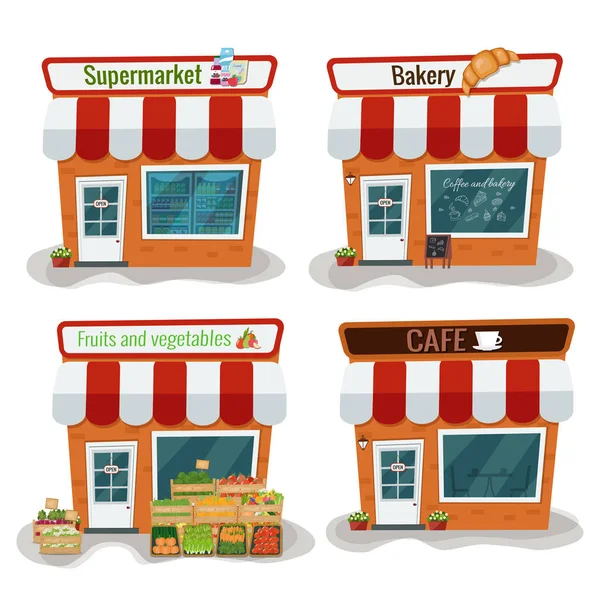 Supermarché, boulangerie, fruits et légumes, café vecteur illustra — Image vectorielle