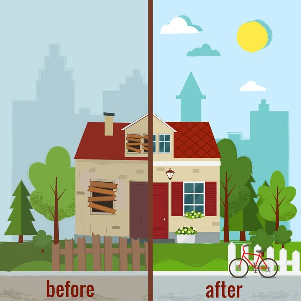 Casa antes y después de la reparación vector ilustración . — Vector de stock