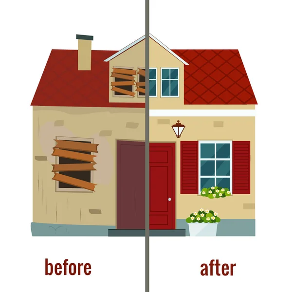 Casa antes y después de la reparación vector ilustración . — Archivo Imágenes Vectoriales