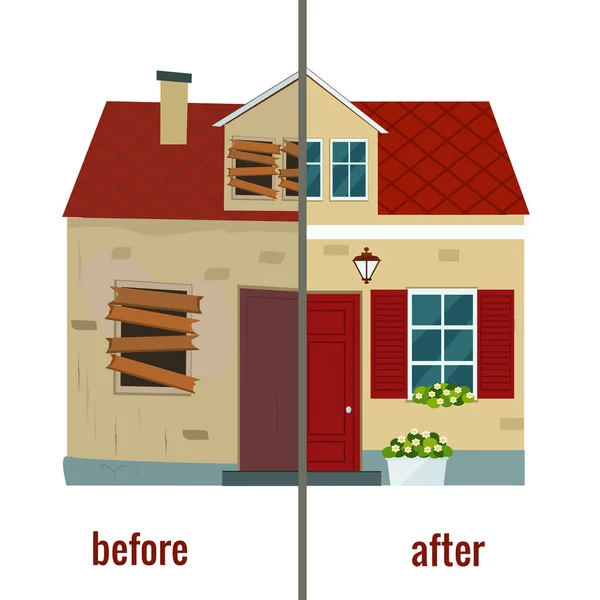 Huis voor en na reparatie vectorillustratie. — Stockvector