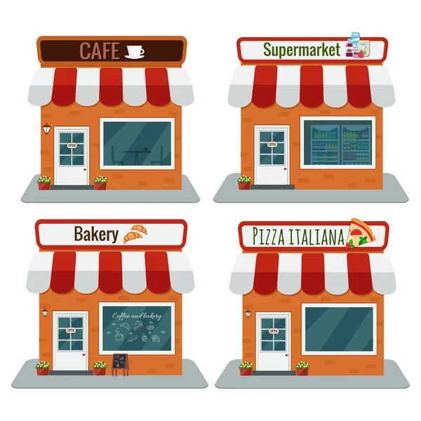 Σούπερ μάρκετ, αρτοποιείο, φρούτα και λαχανικά, εικονογράφηση διάνυσμα café. Επίπεδη σχεδίαση — Διανυσματικό Αρχείο