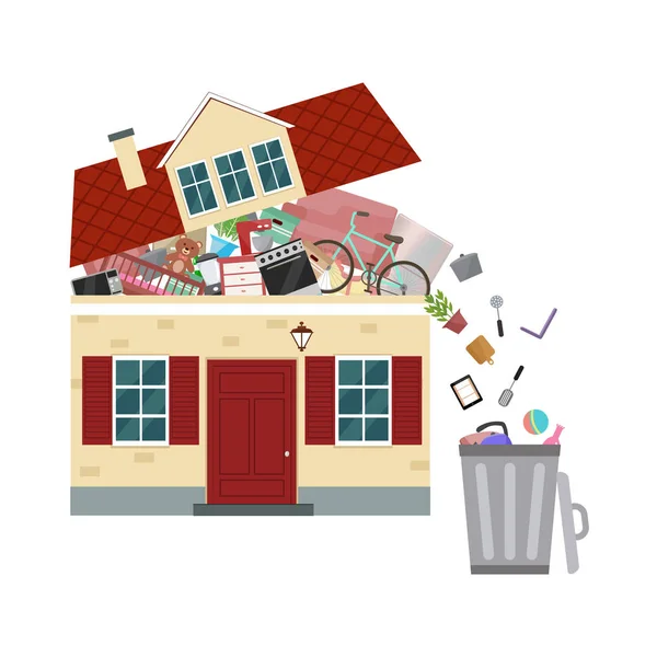 The concept of excessive consumerism. House bursting of stuff. T — Stock Vector