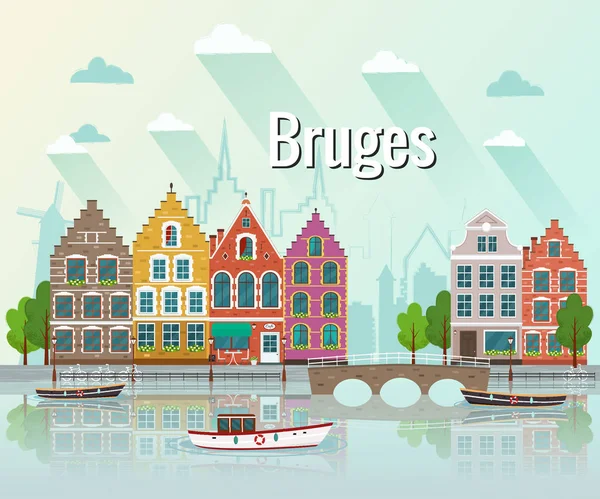 Bruges vektör Illustration. Eski Avrupa şehri. — Stok Vektör