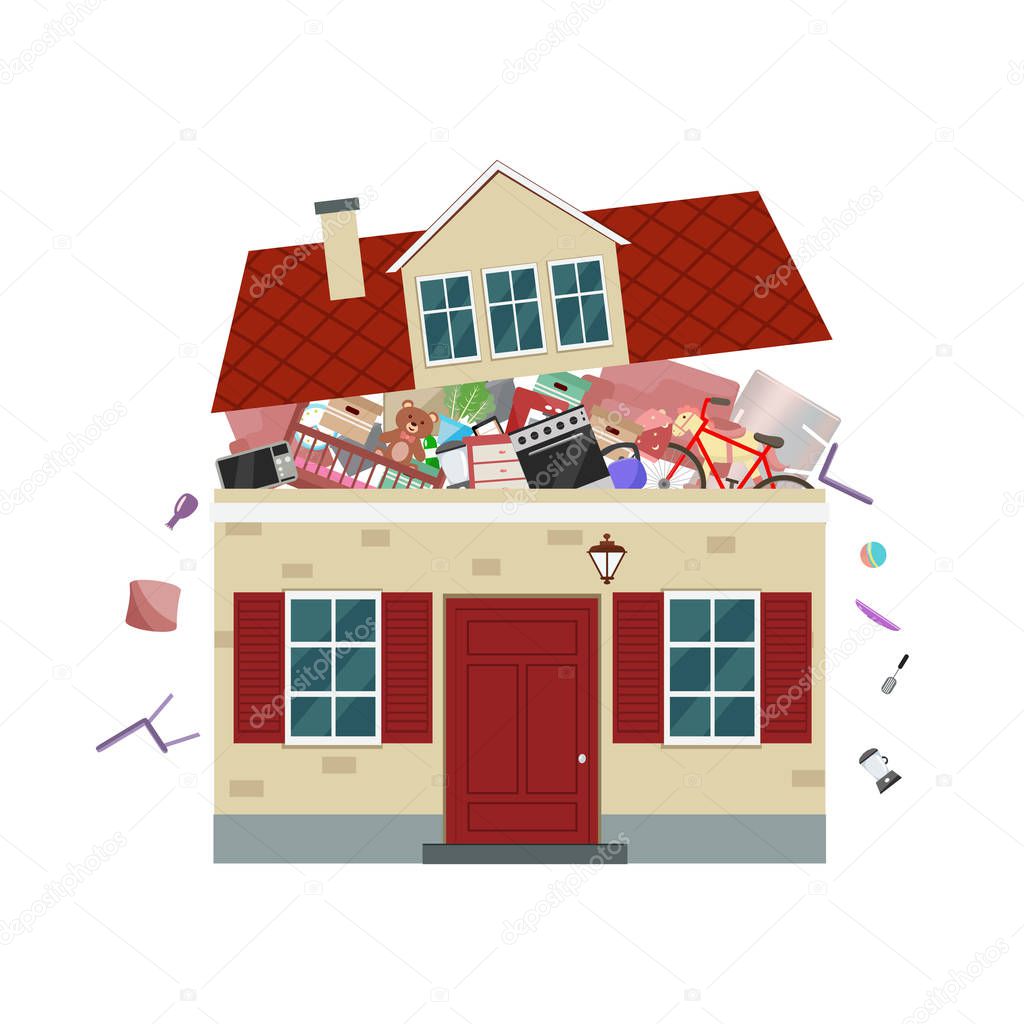 The concept of excessive consumerism. House bursting of stuff. Vector illustration.