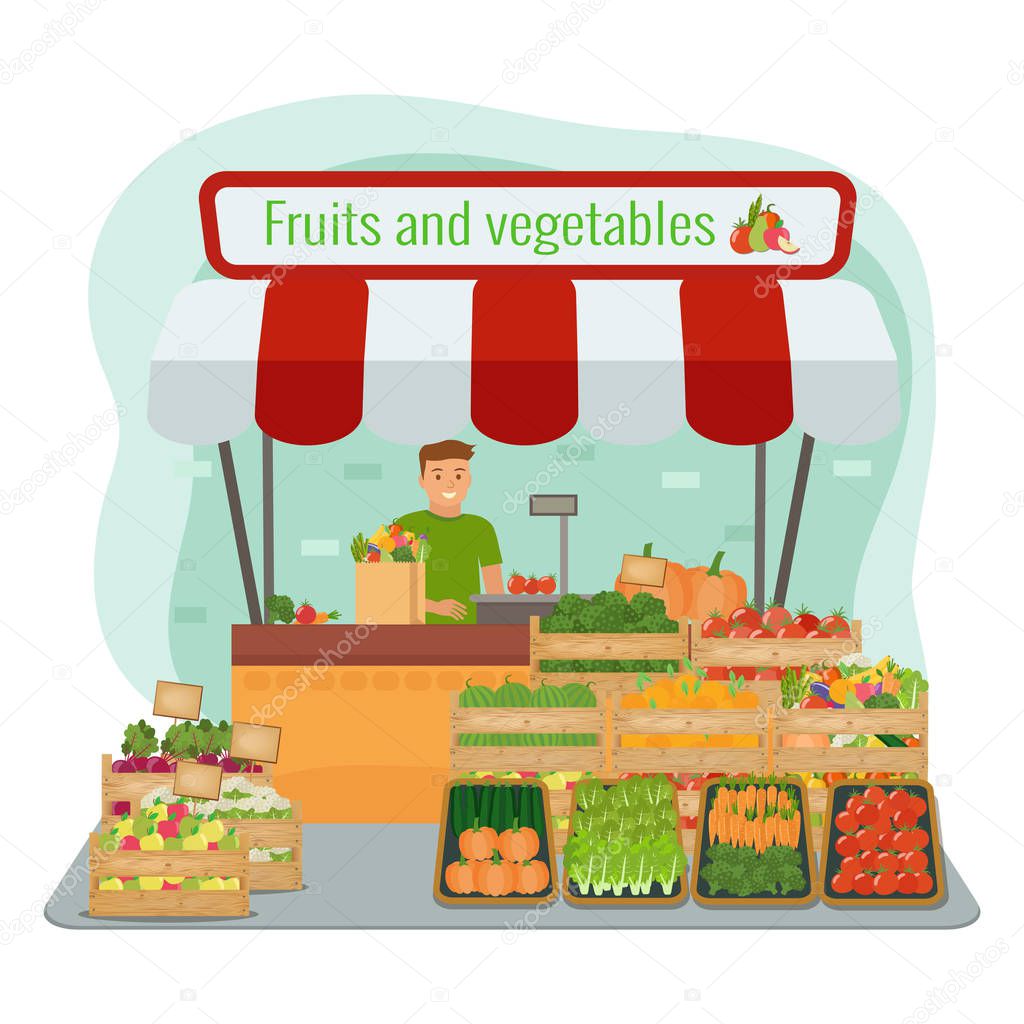 Local farm fruits and vegetables market. Happy farmer.