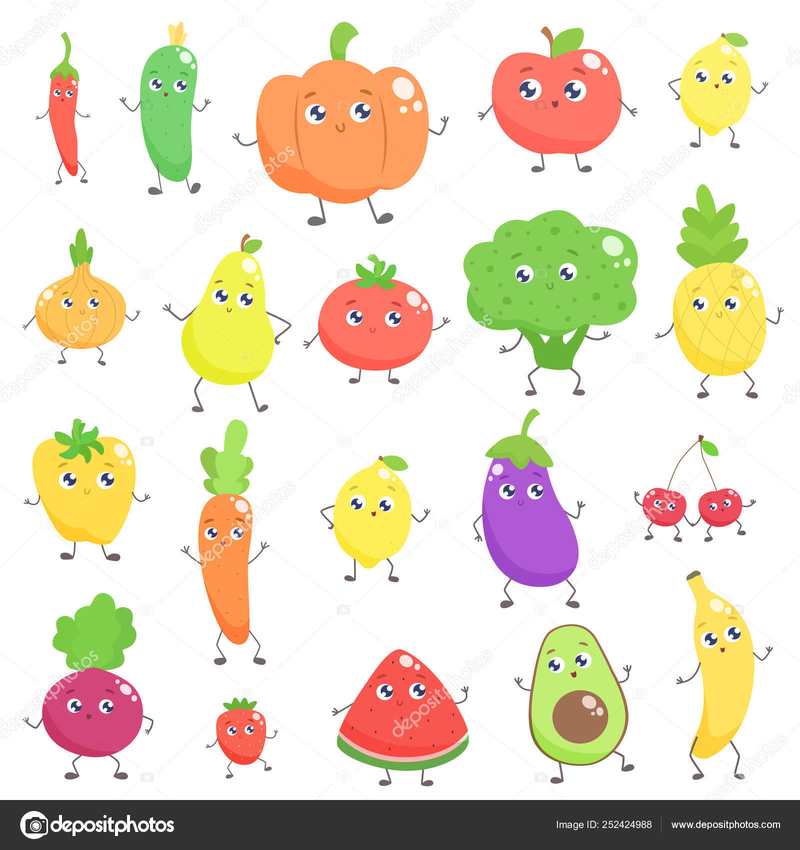 Conjunto de frutas e vegetais de desenho animado ilustração