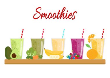 Çizgi film smoothies. Portakal, berry, muz, yeşil ve avokado smoo