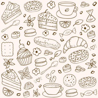 Kahve ve ekmek çizilmiş öğeleri ayarla