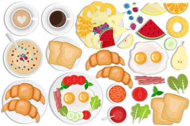 Kahvaltı Seti. Kahve, tost, kruvasan, omellette, meyve, ja