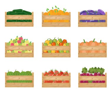 Taze sağlıklı sebze ve meyveler bir ahşap kutular vektör