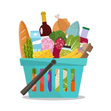 Bakkal alışveriş sepeti. Vektör çizim. Düz tasarım.