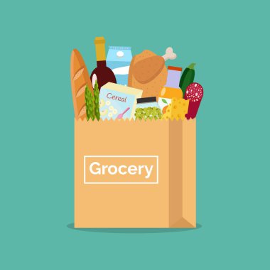 Paper bag with fresh food. Shopping at the grocery store. Vector illustration. Flat design. clipart