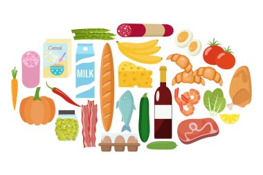 Bakkal ayarlayın. Süt, sebze, et, tavuk, peynir, sosis, 