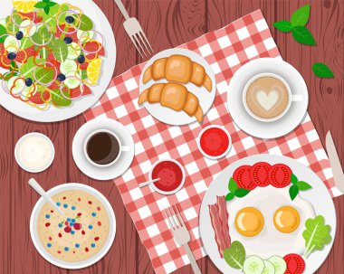 Sağlıklı kahvaltı masasında vektör Illustration. Sahanda yumurta