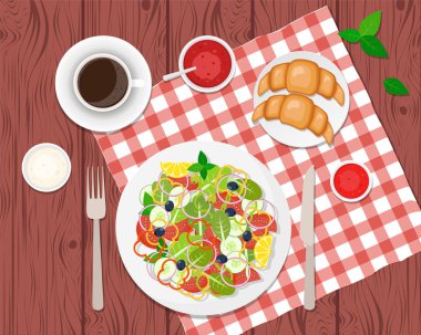 Sağlıklı kahvaltı masasında vektör Illustration. Ccoffee, 