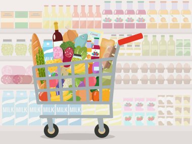 Bakkal alışveriş arabası. Vektör çizim. Düz tasarım.