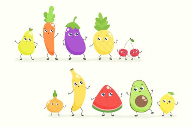 Sevimli çizgi meyve ve sebze kümesi. Vektör düz illustrat