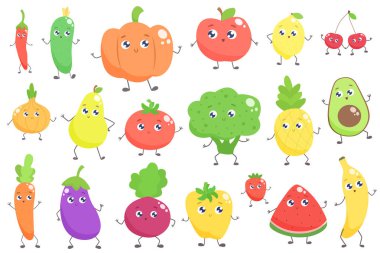 Sevimli çizgi meyve ve sebze kümesi. Vektör düz illustrat