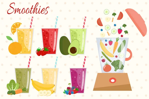 Cartoon smoothies. Sinaasappel, aardbei, bessen, banaan en avocado — Stockvector