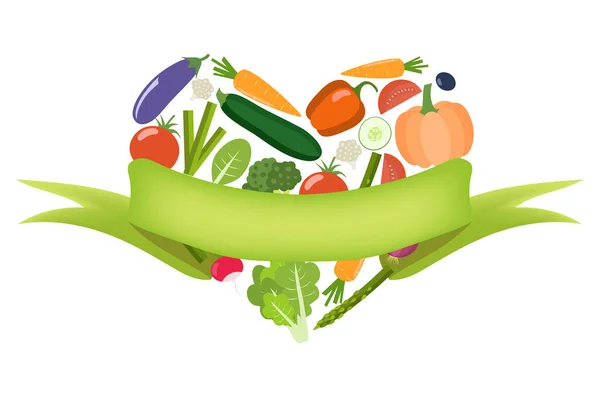 Corazón de verduras con etiqueta. Ilustración orgánica de granja. Vida sana — Vector de stock