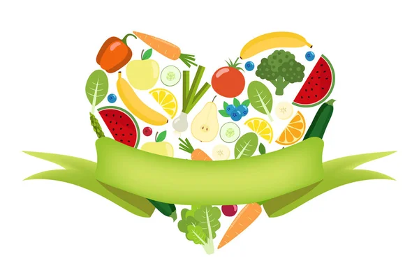 Zeleninové a ovocné srdce s popiskem. Biofarma ilustrace — Stockový vektor