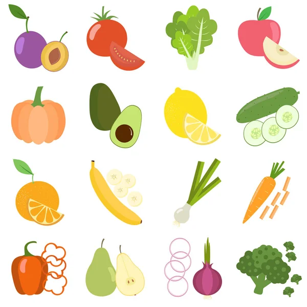 一套新鲜健康的蔬菜和水果。水果片和 — 图库矢量图片