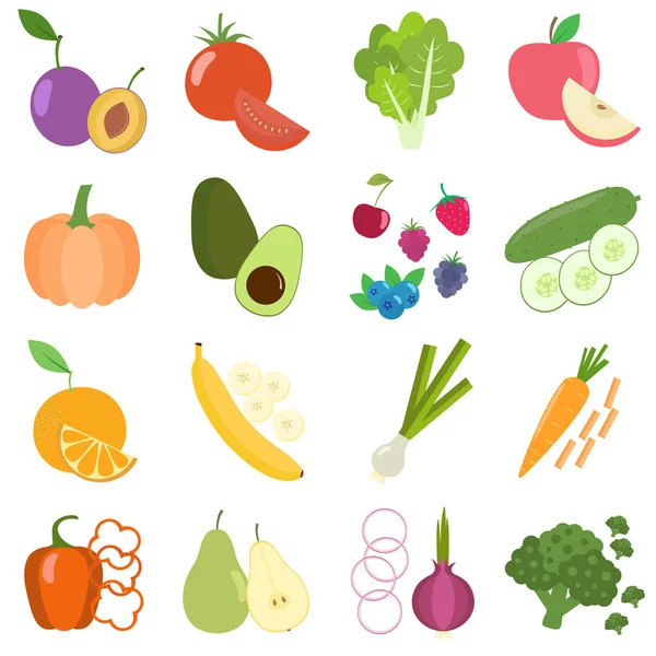 Friss, egészséges zöldségekkel, bogyók, gyümölcsök halmaza. F szelet — Stock Vector