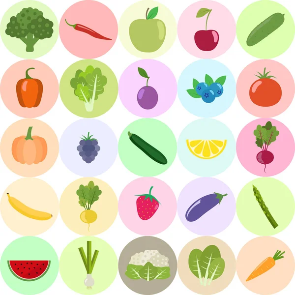 Set of fresh healthy vegetables, fruits and berries isolated. Fl — Stock Vector