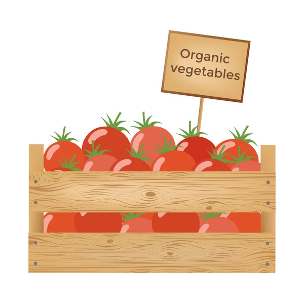 Caja de madera de tomates. Verduras ecológicas. Ilustración vectorial . — Vector de stock