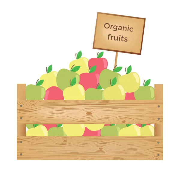 Caja de madera de manzanas. Frutas orgánicas. Ilustración vectorial . — Vector de stock