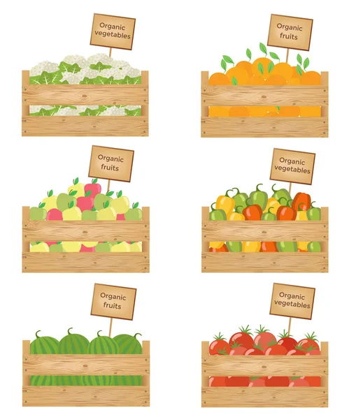 Drewniane pudełka na warzywa i owoce. Organiczne owoce i vegeta — Wektor stockowy